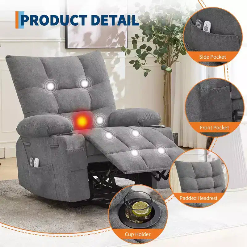 Fauteuil inclinable releveur électrique pour personnes âgées avec fonctions massage et chauffage, inclinable surdimensionné avec fonctions massage et chauffage, revêtement doux et rembourré, poche latérale et porte-gobelets