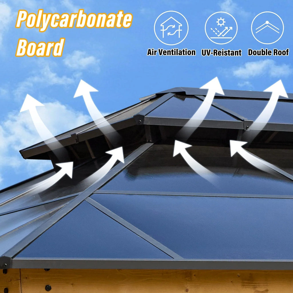 Tonnelle EROMMY à toit rigide, pergola extérieure avec double toit, moustiquaire et rideaux, auvent robuste pour patio, jardin, fête au bord de la piscine
