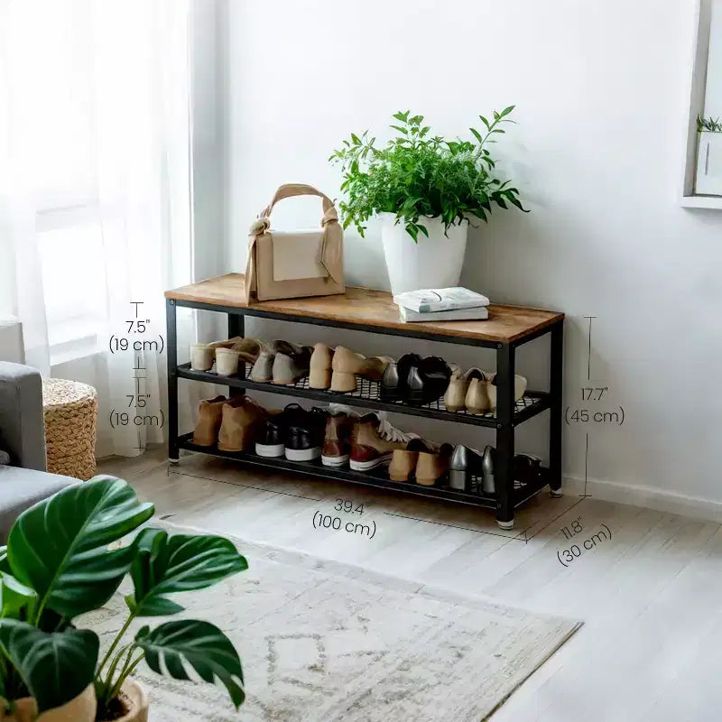 3-Tier Shoe Rack Bench with Metal Mesh Shelves and Seat