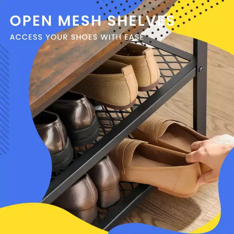 3-Tier Shoe Rack Bench with Metal Mesh Shelves and Seat