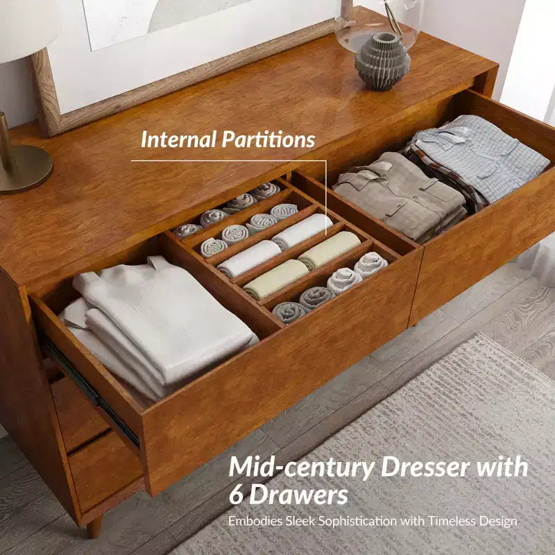 6-Drawer Dresser with Adjustable Feet, Mid-Century Modern Style, MDF Frame