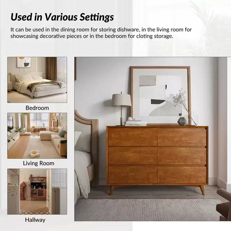 6-Drawer Dresser with Adjustable Feet, Mid-Century Modern Style, MDF Frame