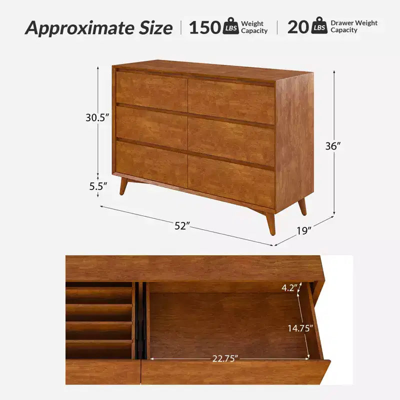 6-Drawer Dresser with Adjustable Feet, Mid-Century Modern Style, MDF Frame