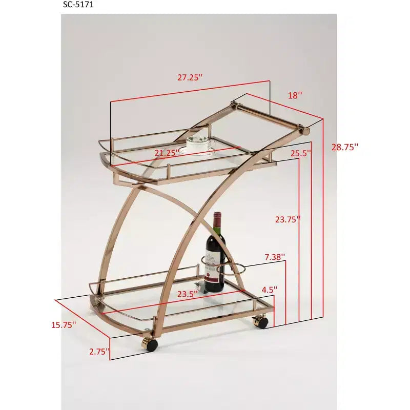 Rolling Bar Serving Cart with Wine Rack Holders - Metal Gold