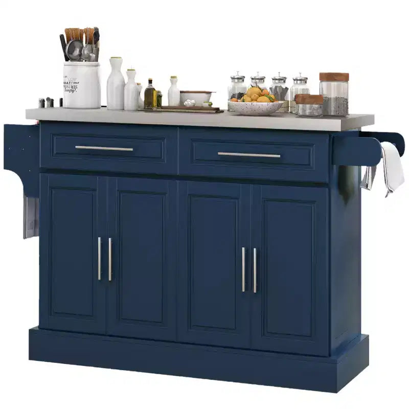 Rolling Kitchen Cart on Wheels with Stainless Steel Top, 2 Drawers, Spice, Knife and Towel Rack