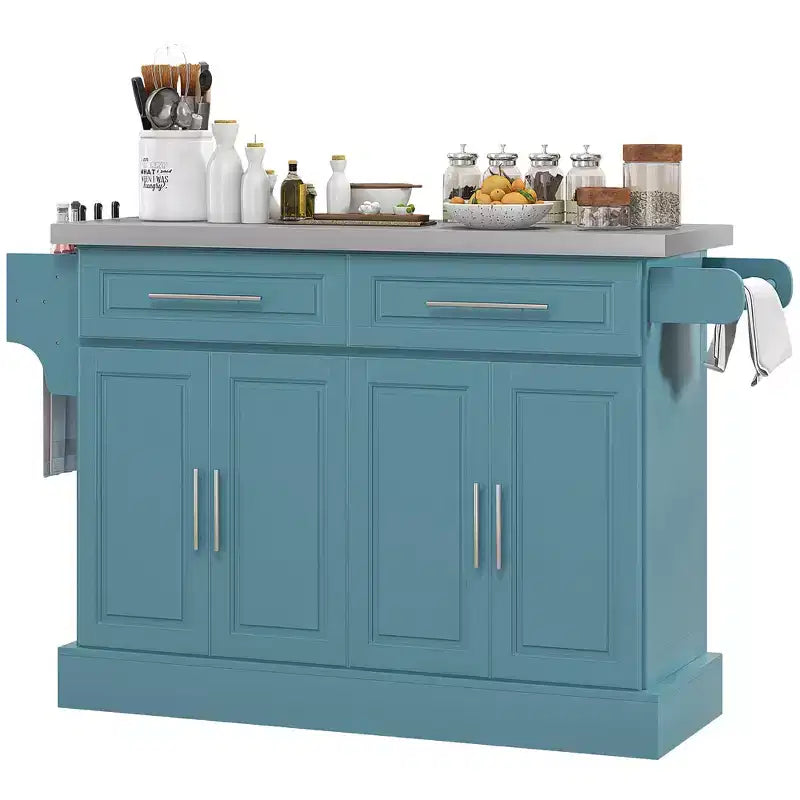 Rolling Kitchen Cart on Wheels with Stainless Steel Top, 2 Drawers, Spice, Knife and Towel Rack