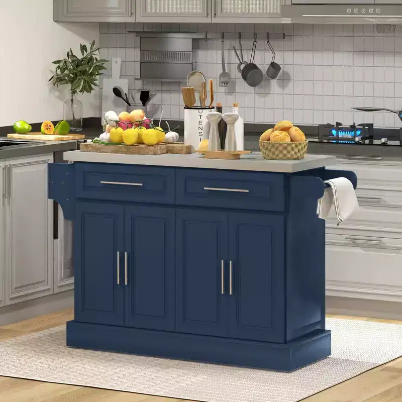 Rolling Kitchen Cart on Wheels with Stainless Steel Top, 2 Drawers, Spice, Knife and Towel Rack