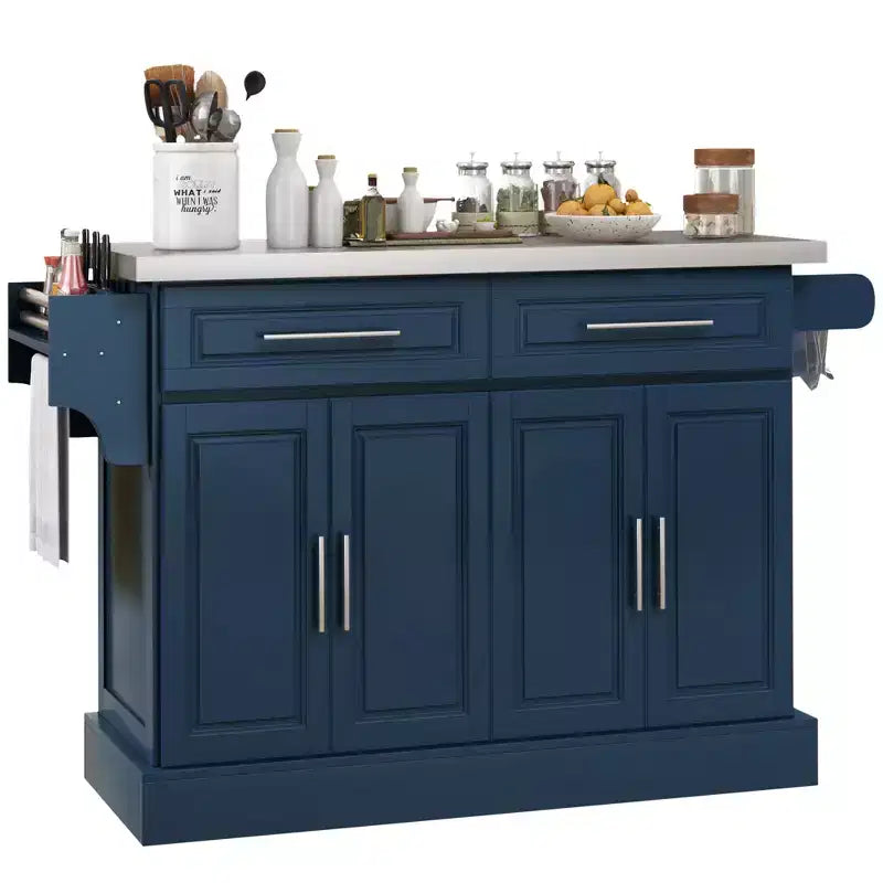 Rolling Kitchen Cart on Wheels with Stainless Steel Top, 2 Drawers, Spice, Knife and Towel Rack