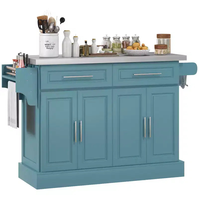 Rolling Kitchen Cart on Wheels with Stainless Steel Top, 2 Drawers, Spice, Knife and Towel Rack