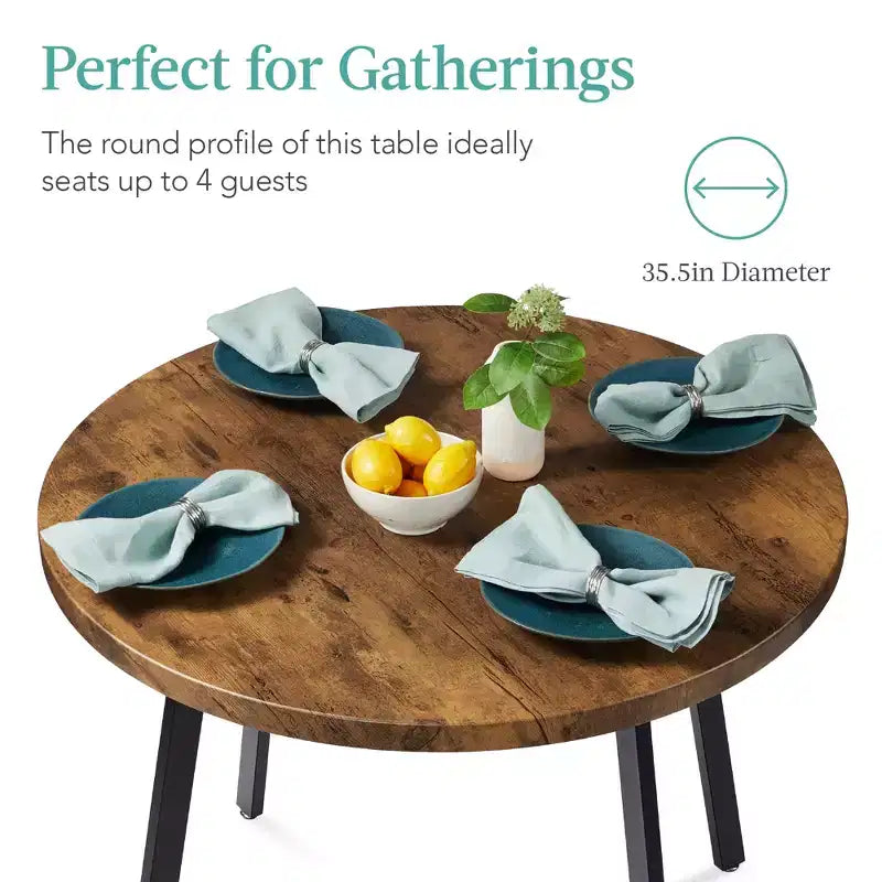 35.5in Mid-Century Modern Round Dining Table with Steel Legs and Adjustable Feet