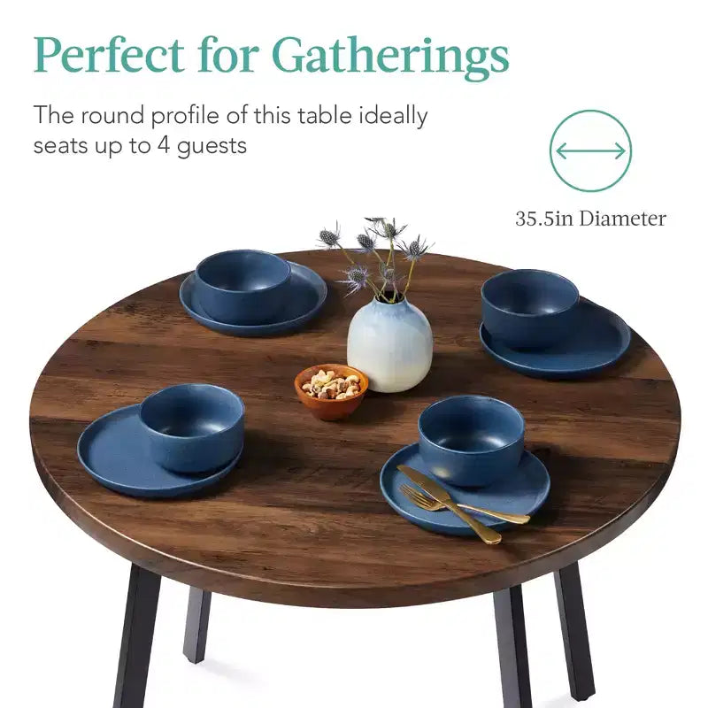 35.5in Mid-Century Modern Round Dining Table with Steel Legs and Adjustable Feet