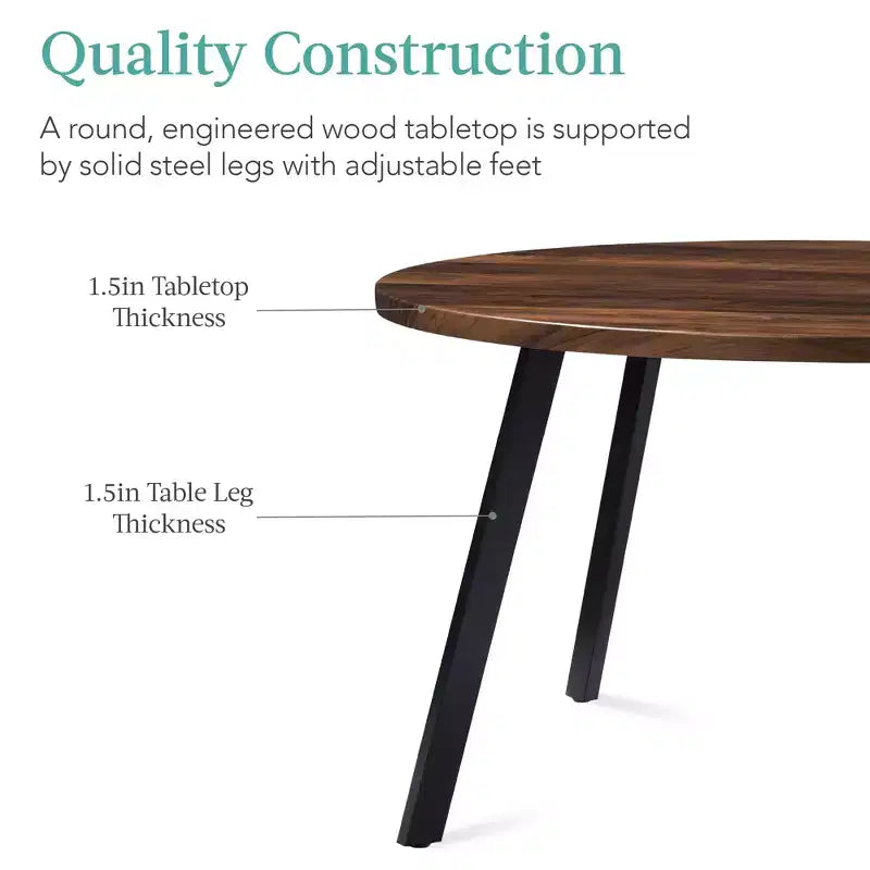 35.5in Mid-Century Modern Round Dining Table with Steel Legs and Adjustable Feet