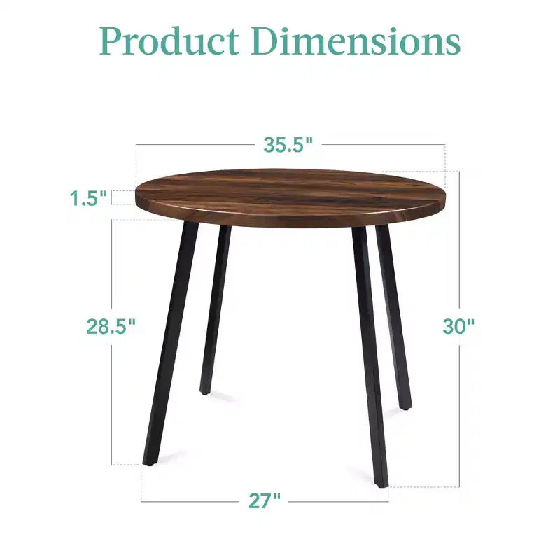 35.5in Mid-Century Modern Round Dining Table with Steel Legs and Adjustable Feet