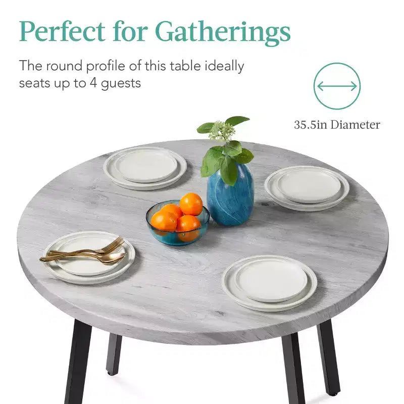 35.5in Mid-Century Modern Round Dining Table with Steel Legs and Adjustable Feet