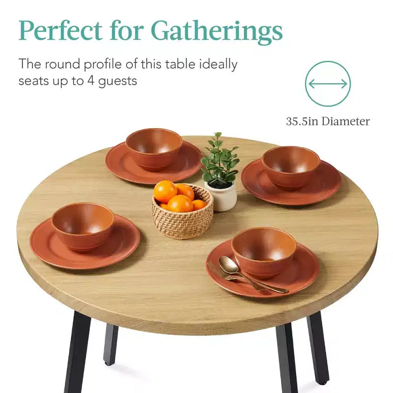 35.5in Mid-Century Modern Round Dining Table with Steel Legs and Adjustable Feet