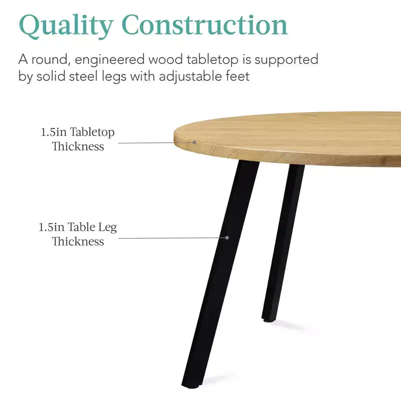 35.5in Mid-Century Modern Round Dining Table with Steel Legs and Adjustable Feet