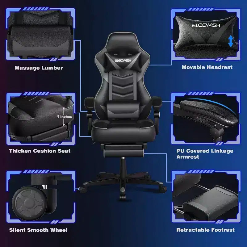 Gaming Chair with Footrest and Lumbar Support, Breathable Computer Chair with Pocket Spring Cushion