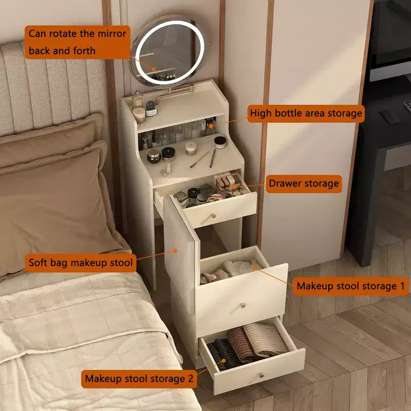 3-in-1 Vanity Desk with Touch Makeup Mirror, Nightstand & Dresser