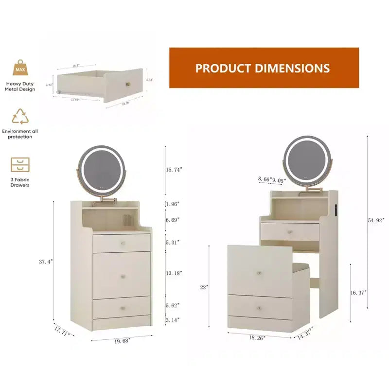 3-in-1 Vanity Desk with Touch Makeup Mirror, Nightstand & Dresser
