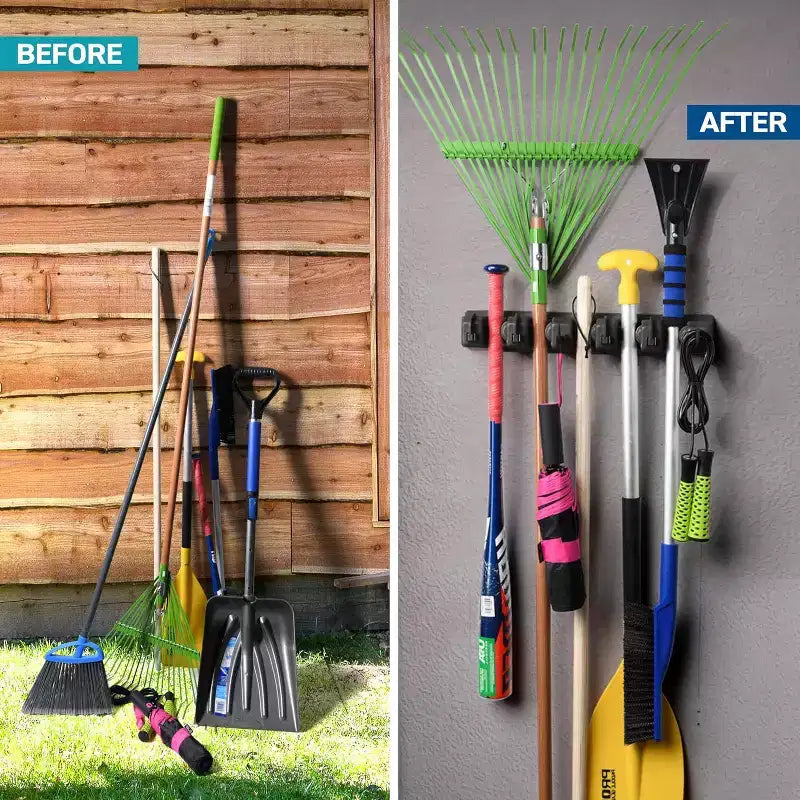 2-Pack Mop and Broom Holder Wall Mount – 5 Slots, 6 Hooks, 7.5lbs Capacity, for Garage, Kitchen, Laundry Room, Black
