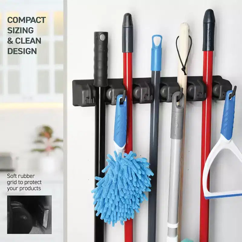 2-Pack Mop and Broom Holder Wall Mount – 5 Slots, 6 Hooks, 7.5lbs Capacity, for Garage, Kitchen, Laundry Room, Black