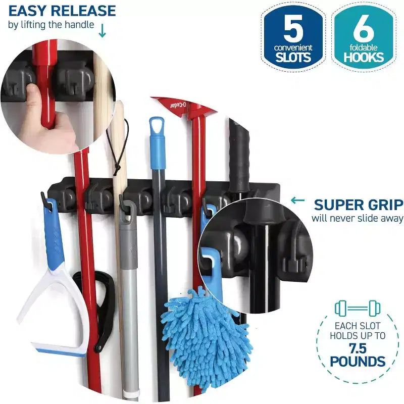 2-Pack Mop and Broom Holder Wall Mount – 5 Slots, 6 Hooks, 7.5lbs Capacity, for Garage, Kitchen, Laundry Room, Black