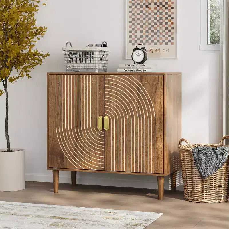 31" Mid-Century Modern 2-Door Accent Storage Cabinet, Small Sideboard with Geometric Line Design & Solid Wood Legs