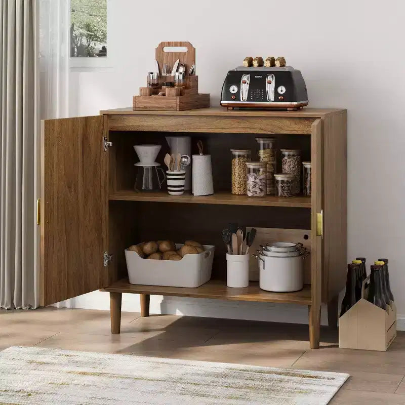 31" Mid-Century Modern 2-Door Accent Storage Cabinet, Small Sideboard with Geometric Line Design & Solid Wood Legs