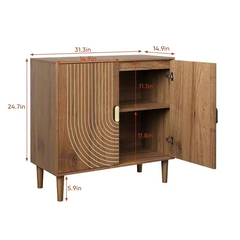 31" Mid-Century Modern 2-Door Accent Storage Cabinet, Small Sideboard with Geometric Line Design & Solid Wood Legs