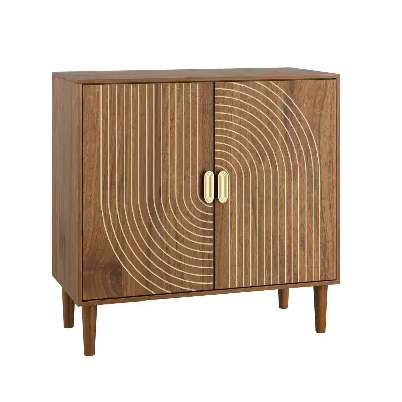 31" Mid-Century Modern 2-Door Accent Storage Cabinet, Small Sideboard with Geometric Line Design & Solid Wood Legs