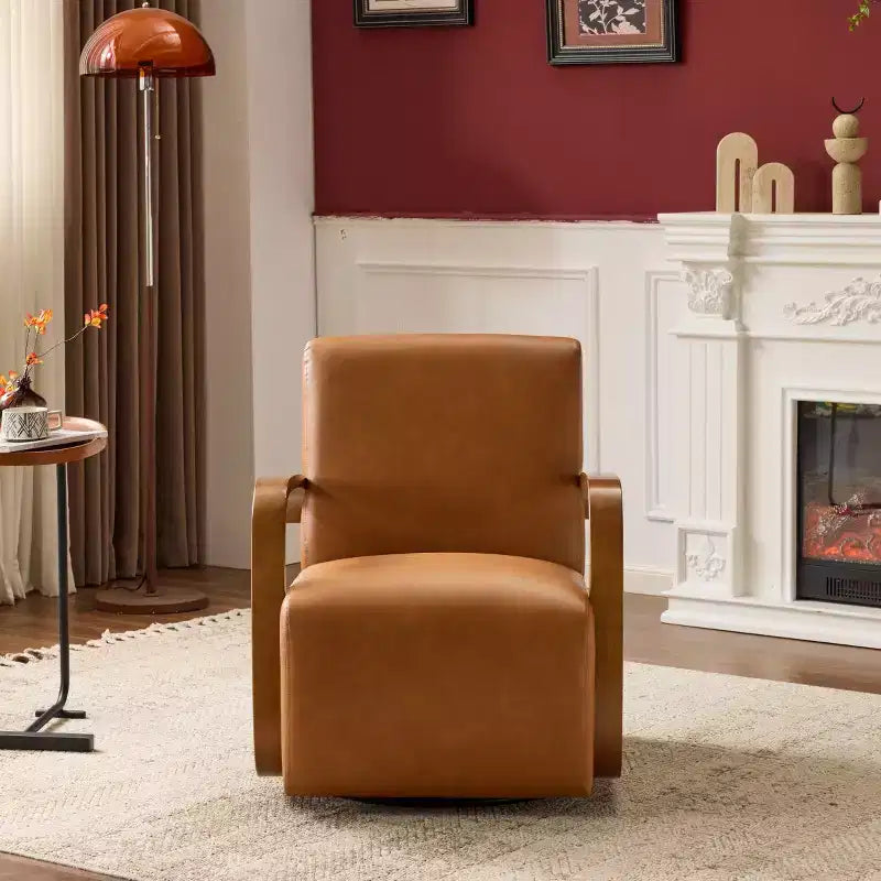 360 Swivel Accent Chair with Solid Wood Curved Arms, Mid-Century Modern Upholstered Side Chair for Living Room or Reading Nook