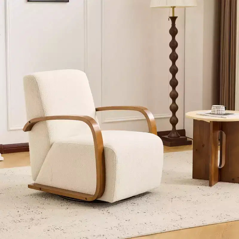 360 Swivel Accent Chair with Solid Wood Curved Arms, Mid-Century Modern Upholstered Side Chair for Living Room or Reading Nook