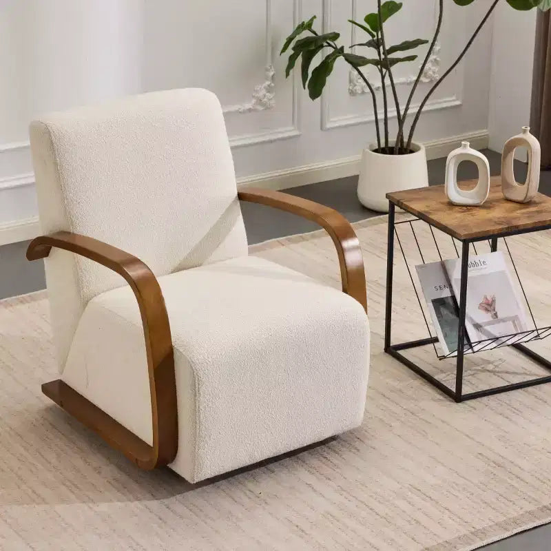 360 Swivel Accent Chair with Solid Wood Curved Arms, Mid-Century Modern Upholstered Side Chair for Living Room or Reading Nook
