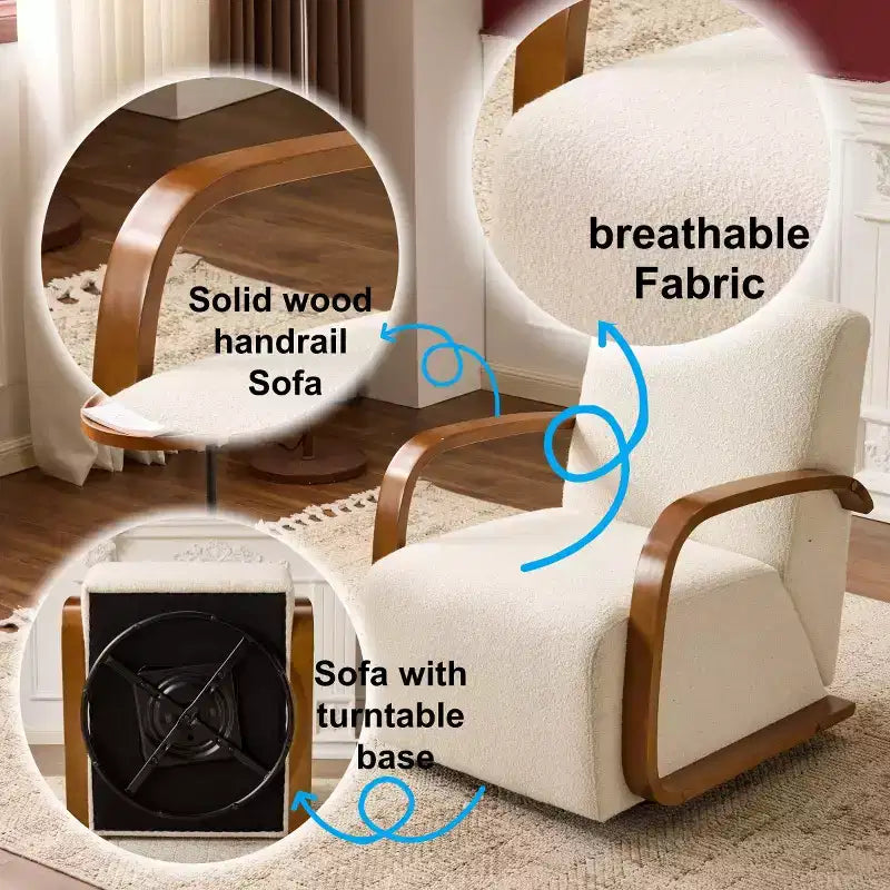 360 Swivel Accent Chair with Solid Wood Curved Arms, Mid-Century Modern Upholstered Side Chair for Living Room or Reading Nook