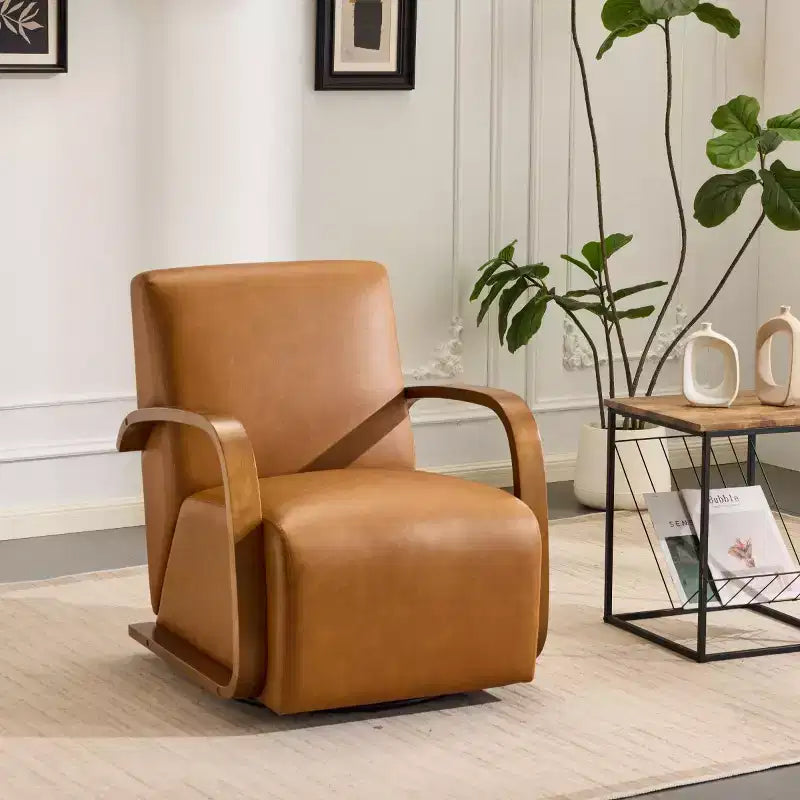 360 Swivel Accent Chair with Solid Wood Curved Arms, Mid-Century Modern Upholstered Side Chair for Living Room or Reading Nook