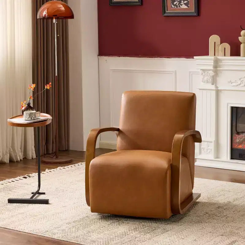 360 Swivel Accent Chair with Solid Wood Curved Arms, Mid-Century Modern Upholstered Side Chair for Living Room or Reading Nook