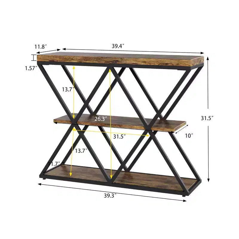 3-Tier Entryway Table with X-Shaped Metal Frame and Open Shelves
