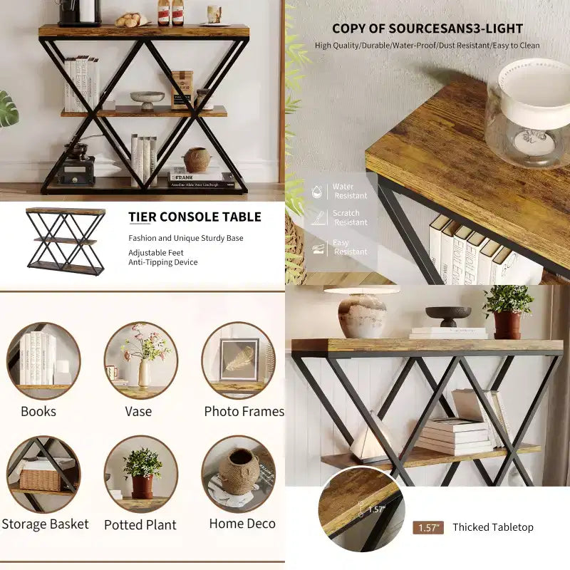 3-Tier Entryway Table with X-Shaped Metal Frame and Open Shelves