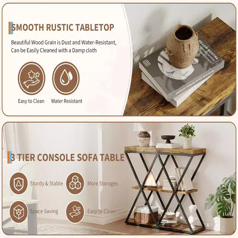 3-Tier Entryway Table with X-Shaped Metal Frame and Open Shelves