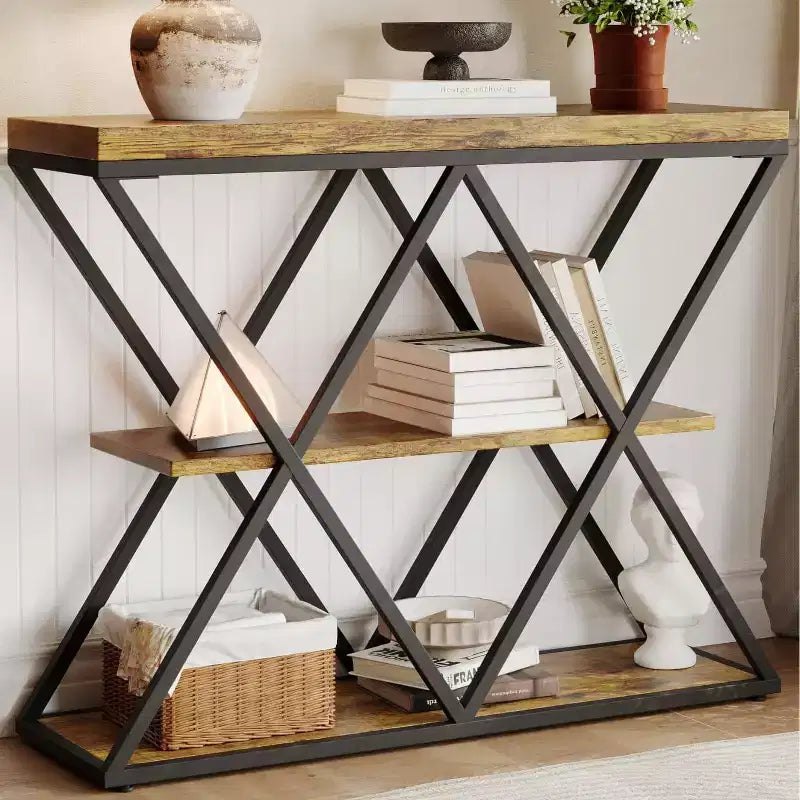 3-Tier Entryway Table with X-Shaped Metal Frame and Open Shelves