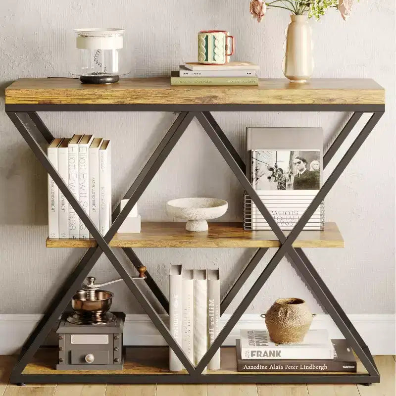 3-Tier Entryway Table with X-Shaped Metal Frame and Open Shelves
