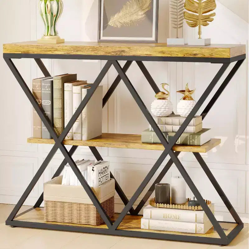3-Tier Entryway Table with X-Shaped Metal Frame and Open Shelves