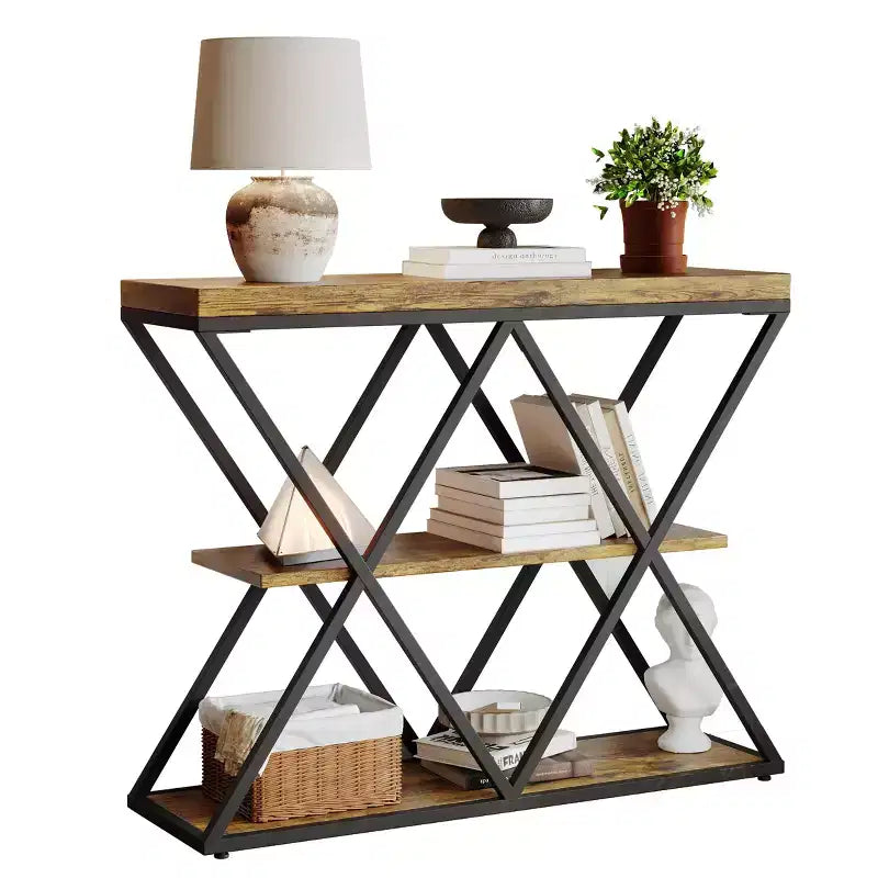 3-Tier Entryway Table with X-Shaped Metal Frame and Open Shelves
