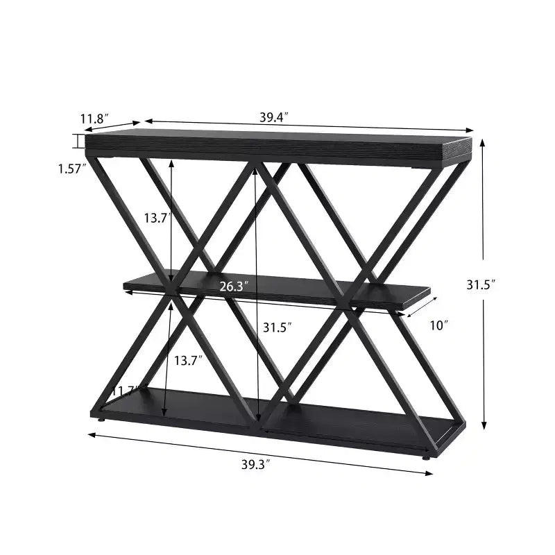 3-Tier Entryway Table with X-Shaped Metal Frame and Open Shelves