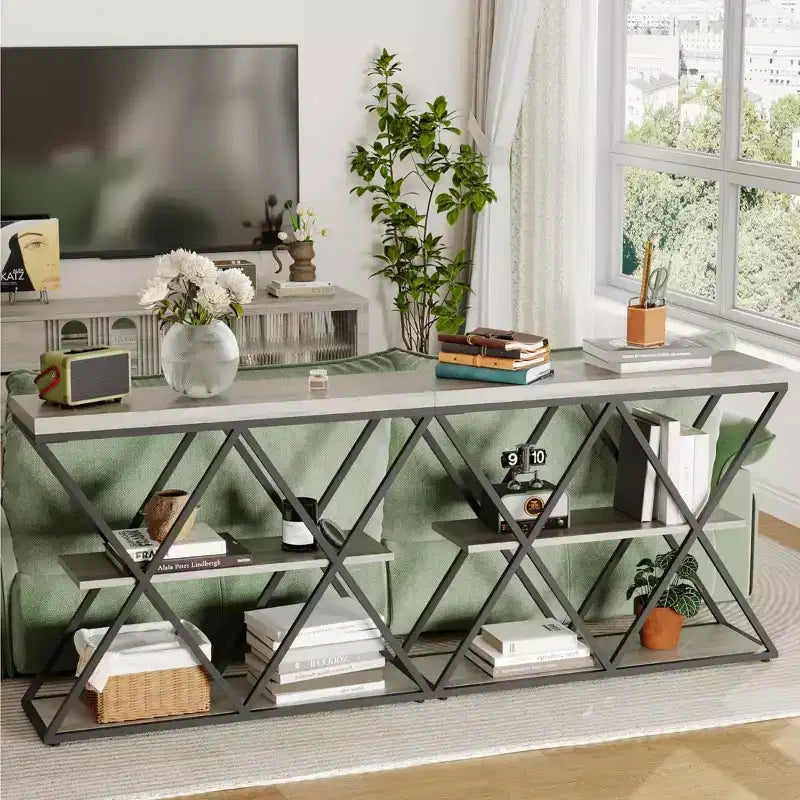 3-Tier Entryway Table with X-Shaped Metal Frame and Open Shelves