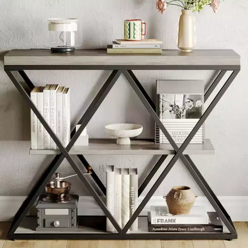 3-Tier Entryway Table with X-Shaped Metal Frame and Open Shelves