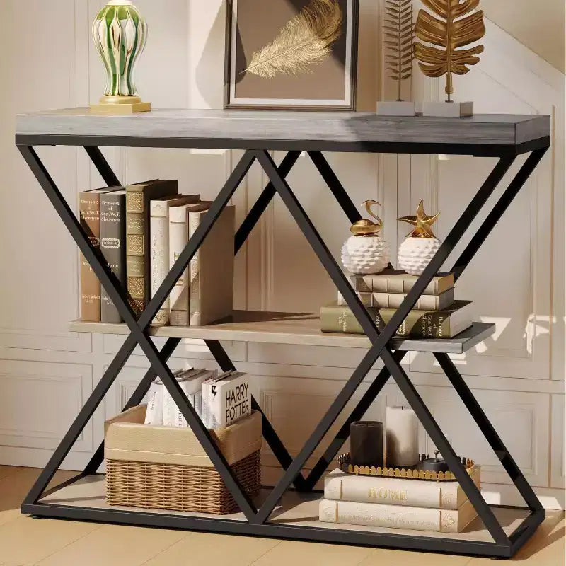 3-Tier Entryway Table with X-Shaped Metal Frame and Open Shelves