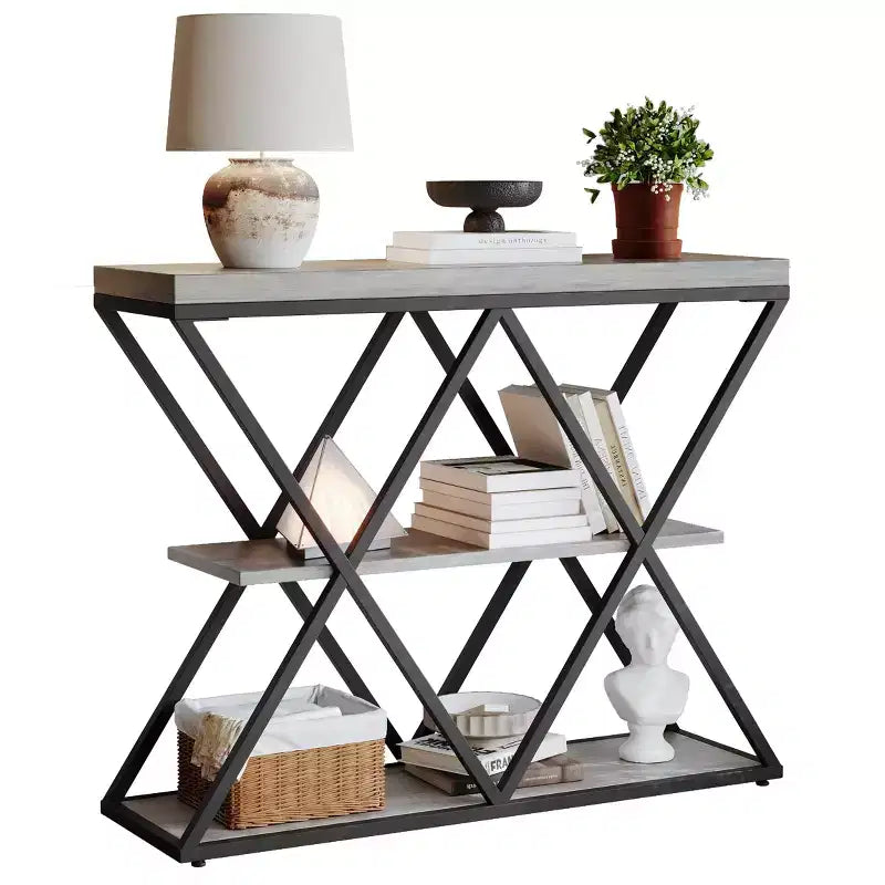 3-Tier Entryway Table with X-Shaped Metal Frame and Open Shelves