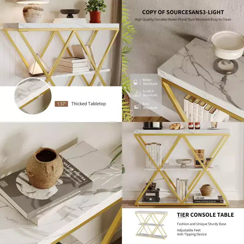 3-Tier Entryway Table with X-Shaped Metal Frame and Open Shelves