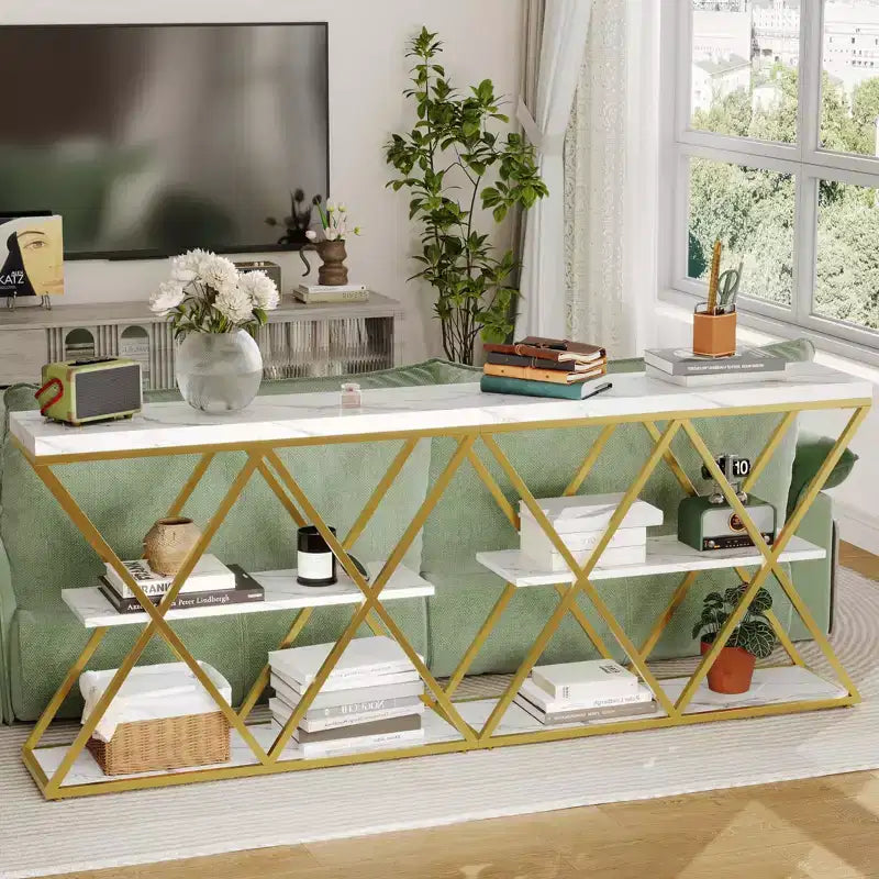 3-Tier Entryway Table with X-Shaped Metal Frame and Open Shelves